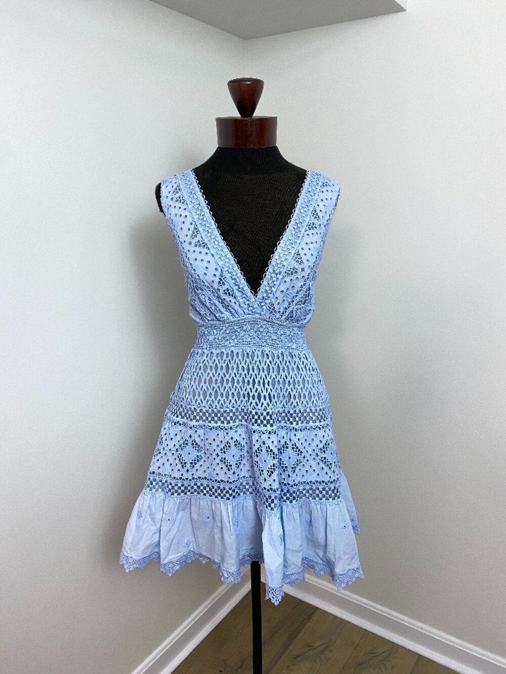 Temptation Positano Perla Blue Macrame Lace Eyelet Dress Smocked Waist M